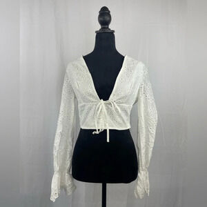 NWT FABONICS White Cotton Louisa Eyelet Tie-front Cropped Top